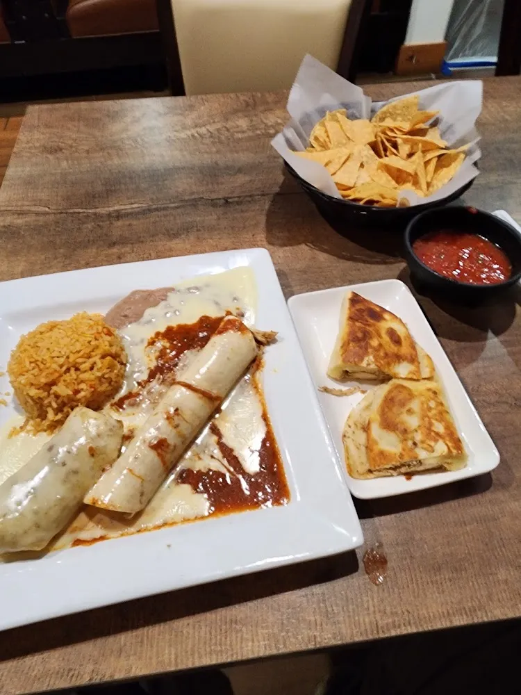 Beef Chimichanga with Rice Beans and Salad